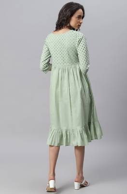 Janasya Green embroidered cotton long-dresses 4