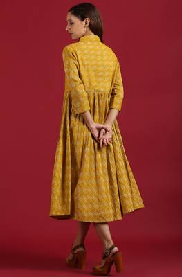Janasya Mustard woven cotton long-dresses 4