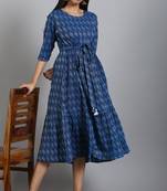 Janasya Blue woven cotton long-dresses