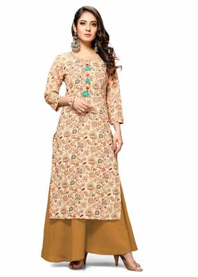 Varyaa Women's Cream Coloured Cotton Jaipuri Printed Kurti (S To XXL-Size) 1