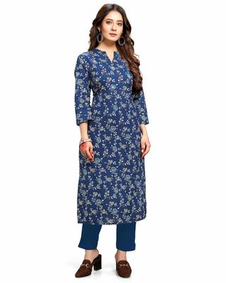 Varyaa Women's Blue Coloured Cotton Jaipuri Cream Floral Printed Kurti (S To XXL-Size) 1
