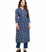 Varyaa Women's Blue Coloured Cotton Jaipuri Cream Floral Printed Kurti (S To XXL-Size)