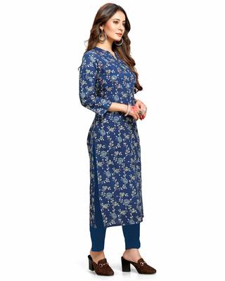 Varyaa Women's Blue Coloured Cotton Jaipuri Cream Floral Printed Kurti (S To XXL-Size) 3