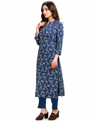 Varyaa Women's Blue Coloured Cotton Jaipuri Cream Floral Printed Kurti (S To XXL-Size) 4
