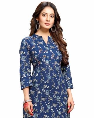 Varyaa Women's Blue Coloured Cotton Jaipuri Cream Floral Printed Kurti (S To XXL-Size) 5