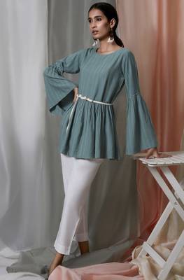 Janasya Green woven viscose rayon party tops 1