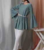 Janasya Green woven viscose rayon party tops