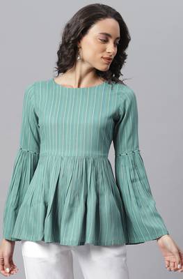 Janasya Green woven viscose rayon party tops 2