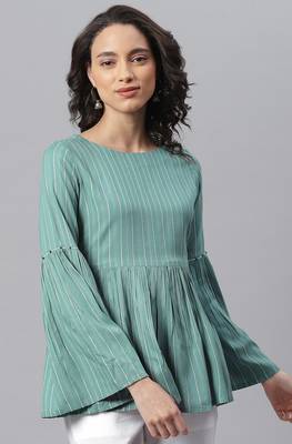 Janasya Green woven viscose rayon party tops 3