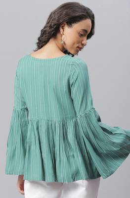 Janasya Green woven viscose rayon party tops 4