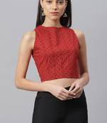 Janasya Red embroidered cotton crop tops