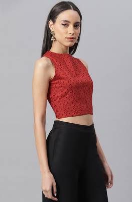 Janasya Red embroidered cotton crop tops 3
