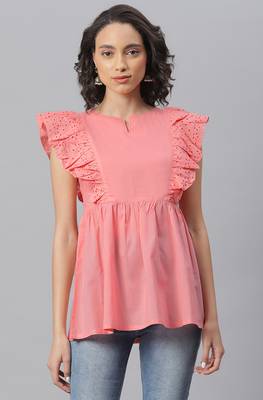 Janasya Pink embroidered cotton cotton tops 2