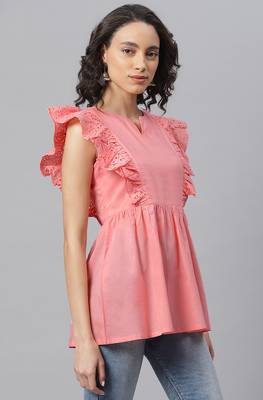 Janasya Pink embroidered cotton cotton tops 3
