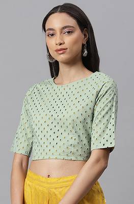 Janasya Green embroidered cotton crop tops 2