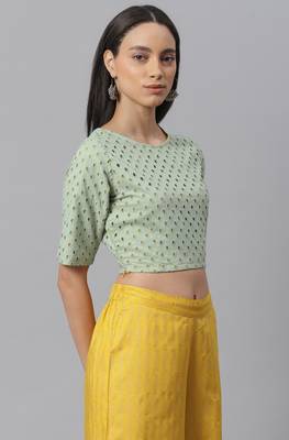 Janasya Green embroidered cotton crop tops 3