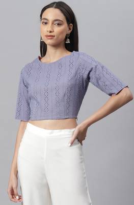 Janasya Blue embroidered cotton crop tops 2