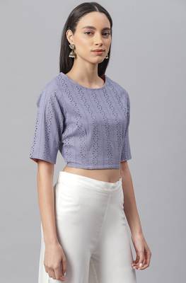 Janasya Blue embroidered cotton crop tops 3