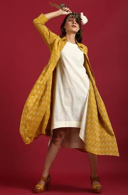 Janasya Mustard woven cotton long dresses 1