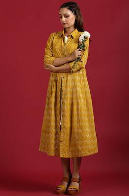 Janasya Mustard woven cotton long dresses 2
