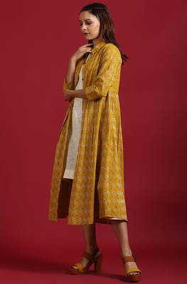 Janasya Mustard woven cotton long dresses 3