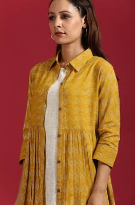 Janasya Mustard woven cotton long dresses 5