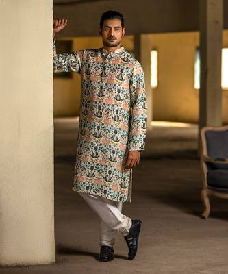 PS Men by Payal Singhal Cream Printed Silk Kurta with Off White Cotton Silk Churidar 1