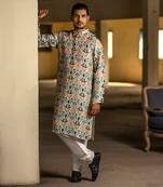 PS Men by Payal Singhal Cream Printed Silk Kurta with Off White Cotton Silk Churidar