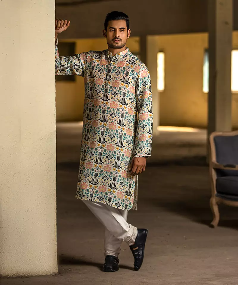 Printed Silk Kurta with Cotton Silk Churidar for Men