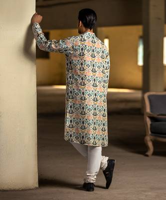 PS Men by Payal Singhal Cream Printed Silk Kurta with Off White Cotton Silk Churidar 2