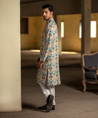PS Men by Payal Singhal Cream Printed Silk Kurta with Off White Cotton Silk Churidar 3