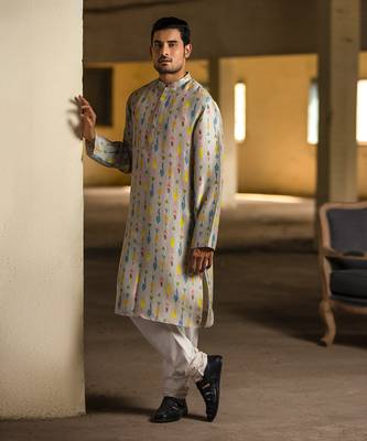 PS Men by Payal Singhal Cream Printed Silk Kurta with Off White Cotton Silk Churidar 1
