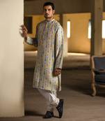 PS Men by Payal Singhal Cream Printed Silk Kurta with Off White Cotton Silk Churidar