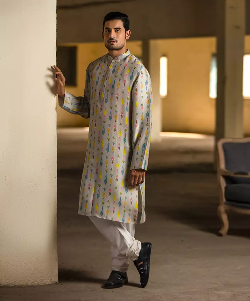 Printed Silk Kurta with Cotton Silk Churidar for Men
