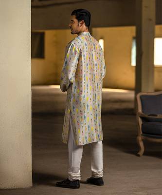 PS Men by Payal Singhal Cream Printed Silk Kurta with Off White Cotton Silk Churidar 2