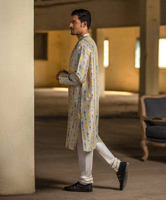 PS Men by Payal Singhal Cream Printed Silk Kurta with Off White Cotton Silk Churidar 3
