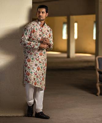 PS Men by Payal Singhal Khaki Printed Silk Kurta with Off White Cotton Silk Churidar 2
