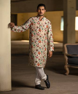 PS Men by Payal Singhal Khaki Printed Silk Kurta with Off White Cotton Silk Churidar 1