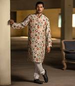 PS Men by Payal Singhal Khaki Printed Silk Kurta with Off White Cotton Silk Churidar