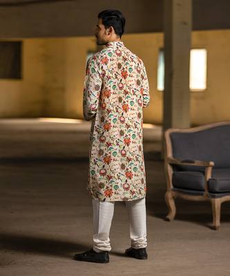 PS Men by Payal Singhal Khaki Printed Silk Kurta with Off White Cotton Silk Churidar 3