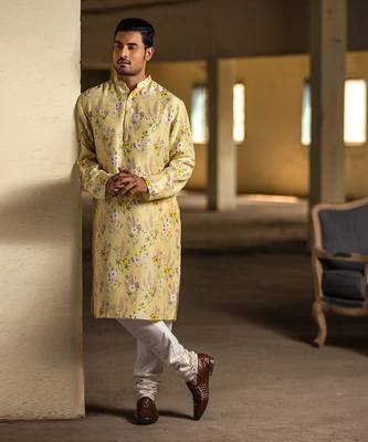 PS Men by Payal Singhal Yellow Printed Silk Kurta with Off White Cotton Silk Churidar 1