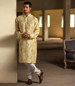PS Men by Payal Singhal Yellow Printed Silk Kurta with Off White Cotton Silk Churidar