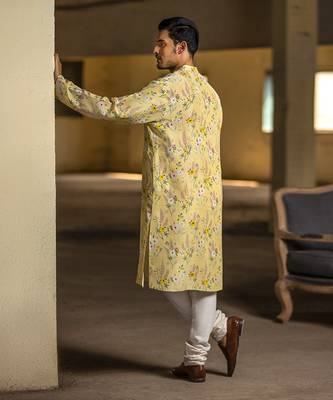 PS Men by Payal Singhal Yellow Printed Silk Kurta with Off White Cotton Silk Churidar 2