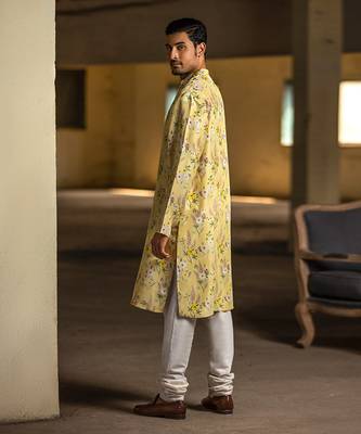 PS Men by Payal Singhal Yellow Printed Silk Kurta with Off White Cotton Silk Churidar 3