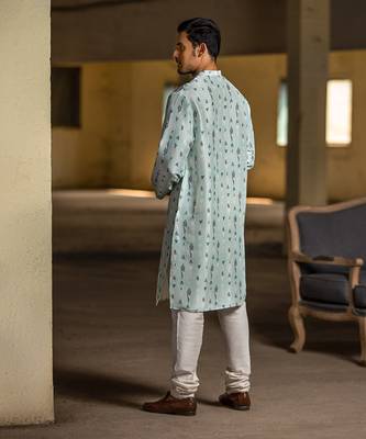 PS Men by Payal Singhal Ice Blue Printed Silk Kurta with Off White Cotton Silk Churidar 2
