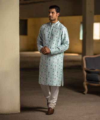 PS Men by Payal Singhal Ice Blue Printed Silk Kurta with Off White Cotton Silk Churidar 1