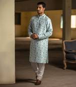 PS Men by Payal Singhal Ice Blue Printed Silk Kurta with Off White Cotton Silk Churidar