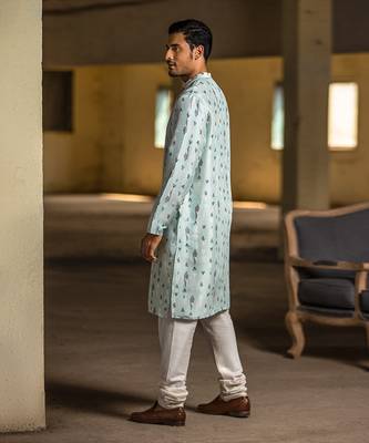 PS Men by Payal Singhal Ice Blue Printed Silk Kurta with Off White Cotton Silk Churidar 3