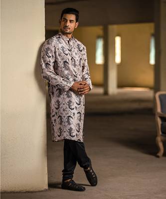 PS Men by Payal Singhal Blush Printed Silk Kurta with Black Cotton Silk Churidar 1