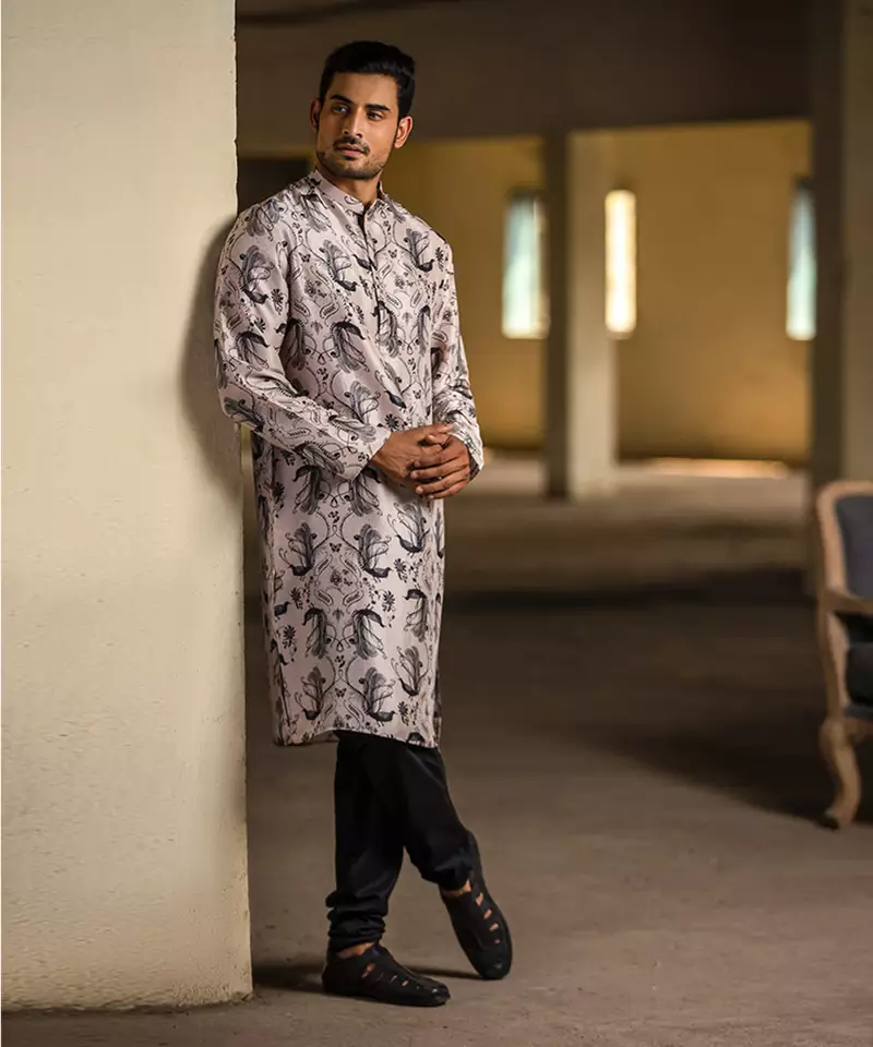 Printed Silk Kurta with Cotton Silk Churidar for Men